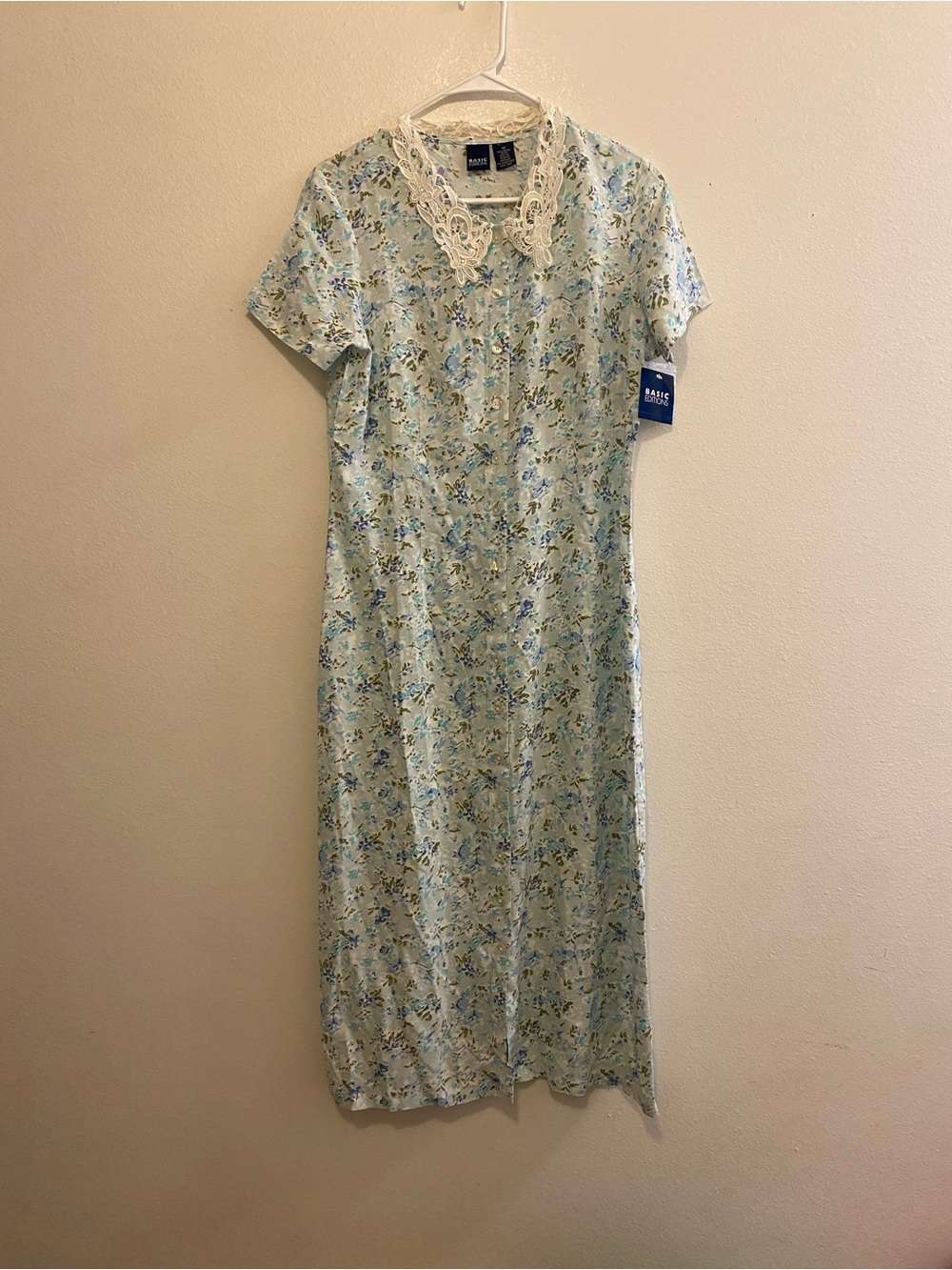Basic Editions Light Blue Floral Maxi Dress with Cream Lace Collar